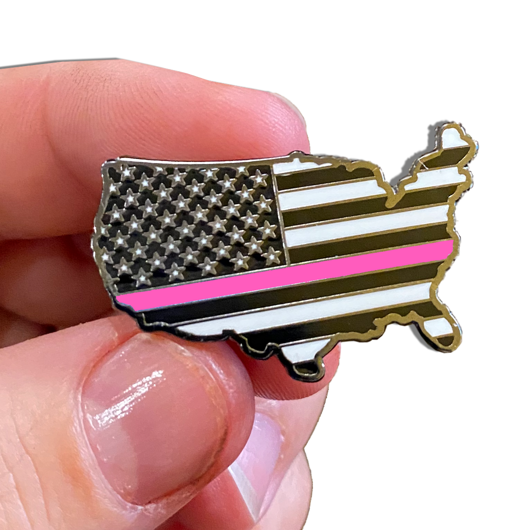 Thin Pink Line U.S. Map Pin with 2 pin posts and deluxe pin clasps Breast Cancer Awareness Police Military Uniform P-026 - www.ChallengeCoinCreations.com
