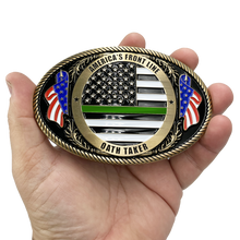 Load image into Gallery viewer, Border Patrol Agent Deputy Sheriff Army Marines CBP Police Officer Antique Gold Thin Green Line Police American Flag Belt Buckle America&#39;s Front Line Oath Taker BPA Border Patrol Agent EL3-006 - www.ChallengeCoinCreations.com