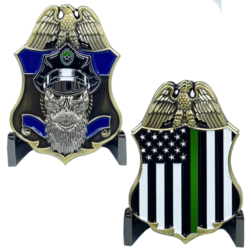 Thin Green Line Police Challenge Coin Beard Gang Skull CBP Border Patrol Agent BPA J-002 - www.ChallengeCoinCreations.com