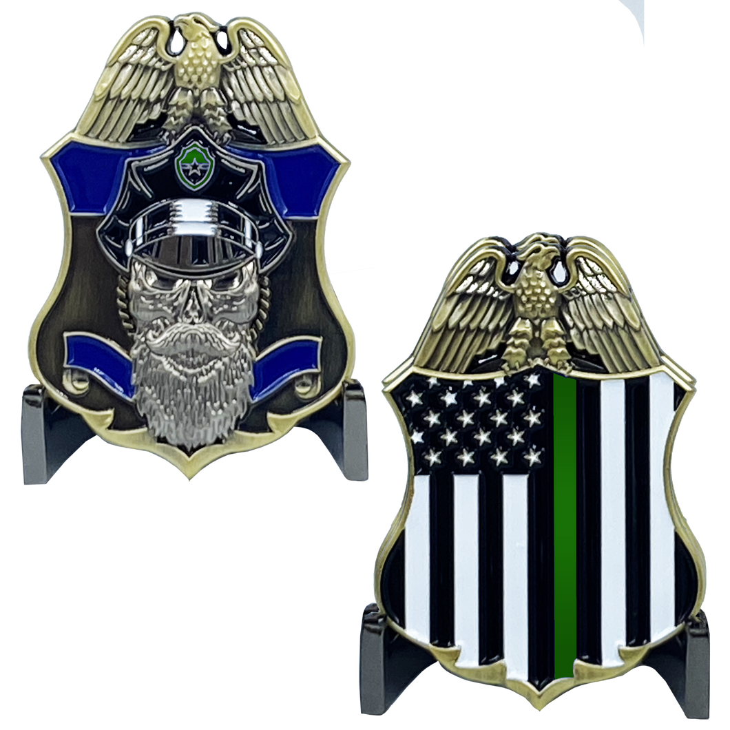 Thin Green Line Police Challenge Coin Beard Gang Skull CBP Border Patrol Agent BPA J-002 - www.ChallengeCoinCreations.com