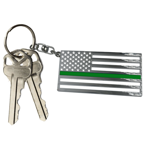 Thin Green Line Police American Flag Border Patrol Deputy Sheriff die-cut chrome challenge coin keychain with swivel and 1