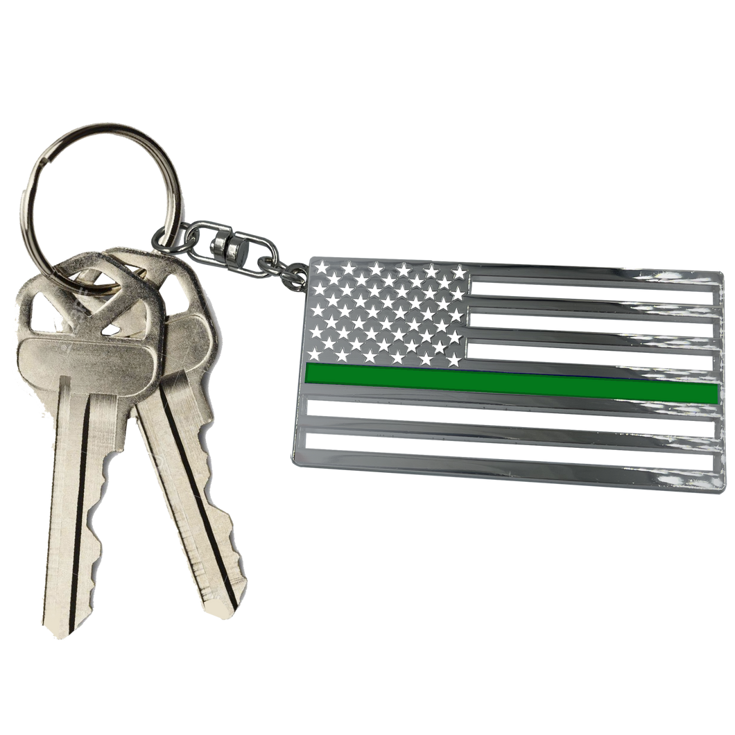Thin Green Line Police American Flag Border Patrol Deputy Sheriff die-cut chrome challenge coin keychain with swivel and 1