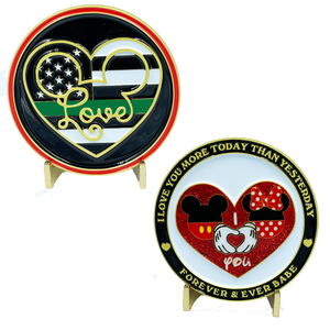 Disney Inspired Mickey Minnie Love Heart Thin Green Line Challenge Coin Valentines Day Anniversary O-002 - www.ChallengeCoinCreations.com