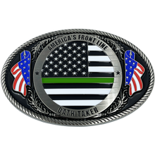 Load image into Gallery viewer, Border Patrol Agent Deputy Sheriff Army Marines CBP Police Officer Antique Nickel Thin Green Line Police American Flag Belt Buckle America&#39;s Front Line Oath Taker BPA Border Patrol Agent EL3-007 - www.ChallengeCoinCreations.com