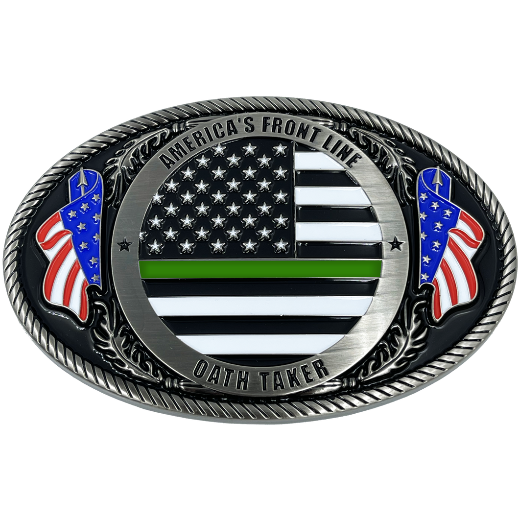 Border Patrol Agent Deputy Sheriff Army Marines CBP Police Officer Antique Nickel Thin Green Line Police American Flag Belt Buckle America's Front Line Oath Taker BPA Border Patrol Agent EL3-007 - www.ChallengeCoinCreations.com