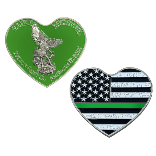 Thin GREEN Line St. Michael Heart Love Prayer Patron Saint of American Heroes Army Marines Deputy Sheriff CBP Border Patrol Agent EL5-003 - www.ChallengeCoinCreations.com