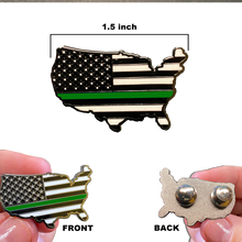 Load image into Gallery viewer, Thin Green Line U.S. Map Pin with 2 pin posts and deluxe pin clasps Police Border Patrol Sheriff Security Marines Army P-023 - www.ChallengeCoinCreations.com