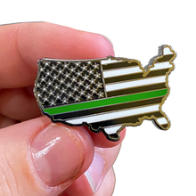 Load image into Gallery viewer, Thin Green Line U.S. Map Pin with 2 pin posts and deluxe pin clasps Police Border Patrol Sheriff Security Marines Army P-023 - www.ChallengeCoinCreations.com