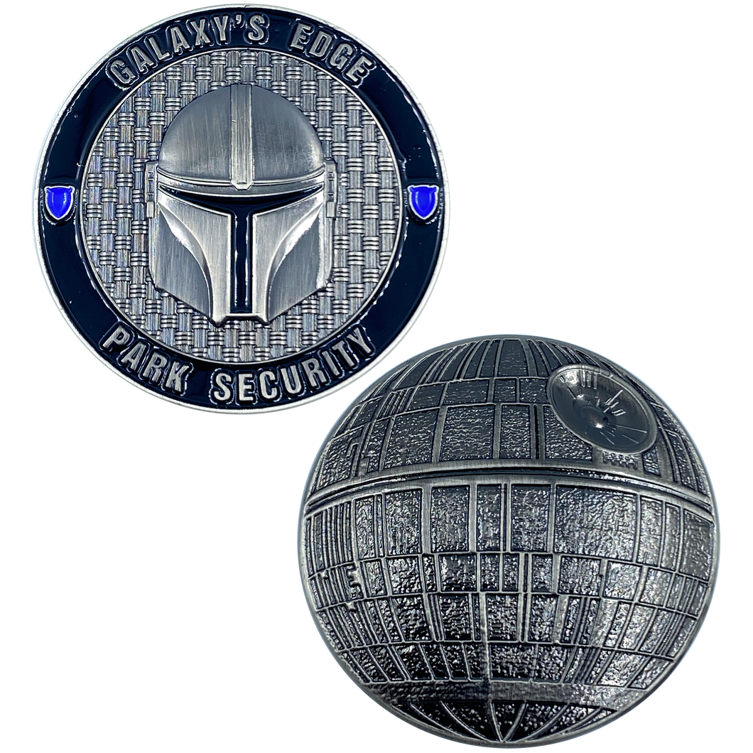 Galaxy's Edge Park Security inspired Challenge Coin Mandalorian Boba Fett Star Wars inspired Death Star 2 DL10-06 - www.ChallengeCoinCreations.com