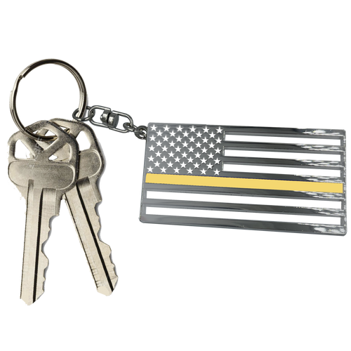 Thin Gold Line Police American Flag 911 Emergency Dispatcher die-cut chrome challenge coin keychain with swivel and 1