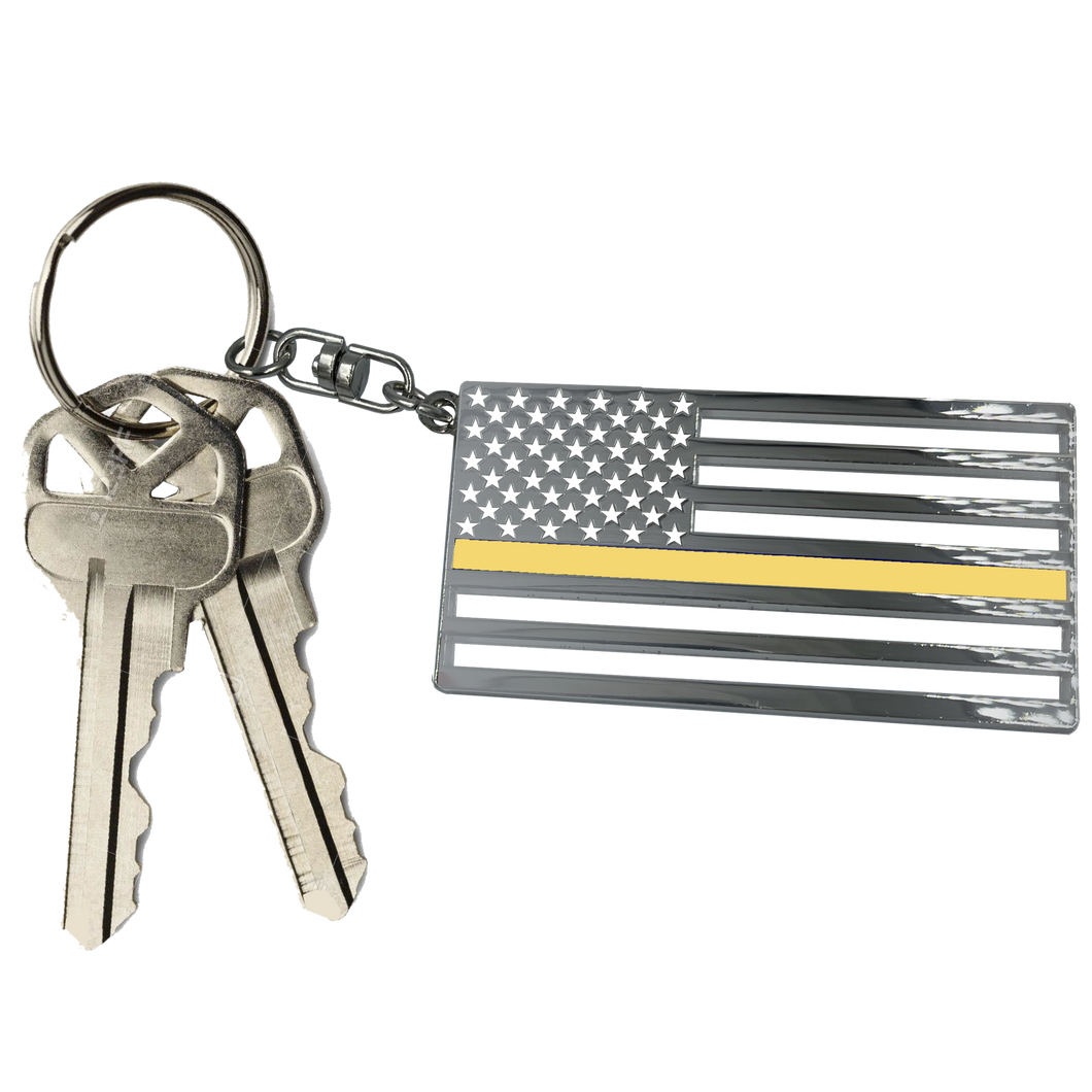 Thin Gold Line Police American Flag 911 Emergency Dispatcher die-cut chrome challenge coin keychain with swivel and 1