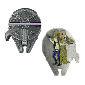 Thin Pink Line Millenium Falcon Chewbacca Han Solo Star Wars inspired Challenge Coin Breast Cancer Awareness EL1-018 - www.ChallengeCoinCreations.com