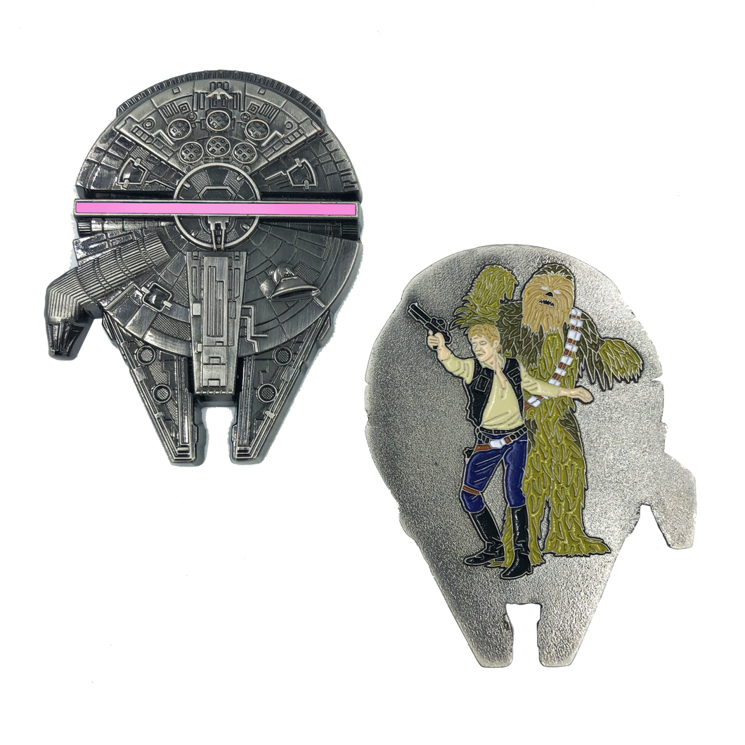 Thin Pink Line Millenium Falcon Chewbacca Han Solo Star Wars inspired Challenge Coin Breast Cancer Awareness EL1-018 - www.ChallengeCoinCreations.com