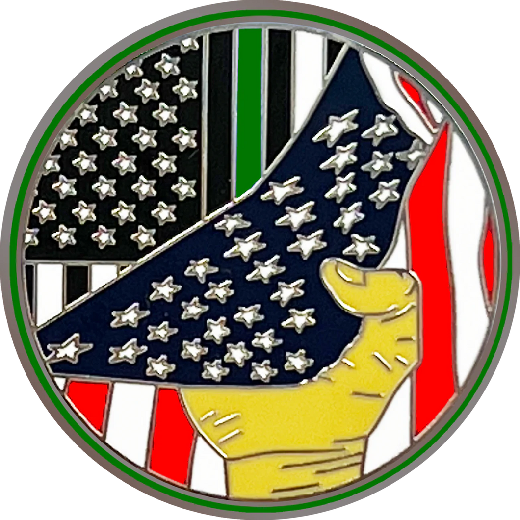 Thin Green Line American Flag Police Lapel Pin hand pulling down CBP Border Patrol Agent Deputy Sheriff Army Marines PBX-002-J P-183C