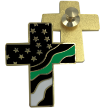 Load image into Gallery viewer, Thin Green Line American Flag Cross USA Lapel pin Cloisonné Police Sheriff CBP Border Patrol 020-P - www.ChallengeCoinCreations.com