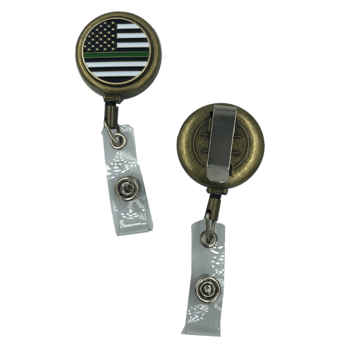 Thin Green Line Metal ID Reel retractable ID Card Holder CBP Border Patrol Sheriff Army security CL8-10 - www.ChallengeCoinCreations.com