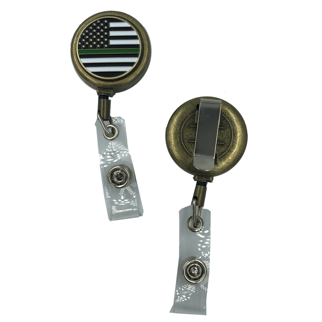 Thin Green Line Metal ID Reel retractable ID Card Holder CBP Border Patrol Sheriff Army security CL8-10 - www.ChallengeCoinCreations.com