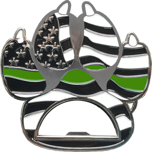 Thin Green Line Police Canine K9 unit paw bottle opener Border Patrol Deputy Sheriff Army Marines challenge coin BL16-011 - www.ChallengeCoinCreations.com