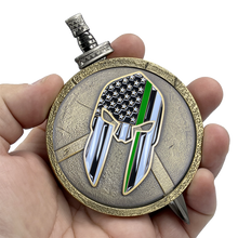 Load image into Gallery viewer, Thin Green Line Border Patrol CBP BPA Warrior Gladiator Shield with removable Sword Challenge Coin Set Deputy Sheriff Marines Army EL5-018 - www.ChallengeCoinCreations.com
