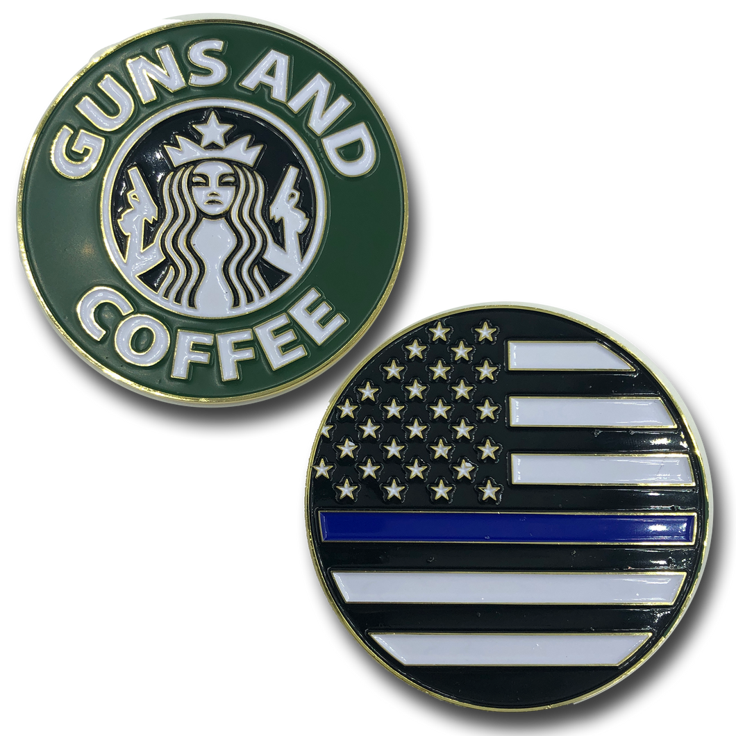 Thin Blue Line Guns and Coffee Challenge Coin Police NYPD CBP FBI ATF Law Enforcement J-008 - www.ChallengeCoinCreations.com