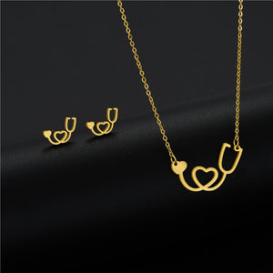 Fashion Heart Stethoscope Necklace Women Jewelry Stainless Steel Lariat Heart Stethoscope Necklace Earrings Set For Party - www.ChallengeCoinCreations.com