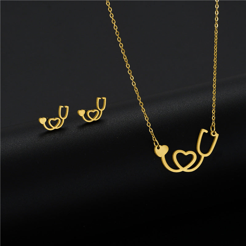 Fashion Heart Stethoscope Necklace Women Jewelry Stainless Steel Lariat Heart Stethoscope Necklace Earrings Set For Party - www.ChallengeCoinCreations.com