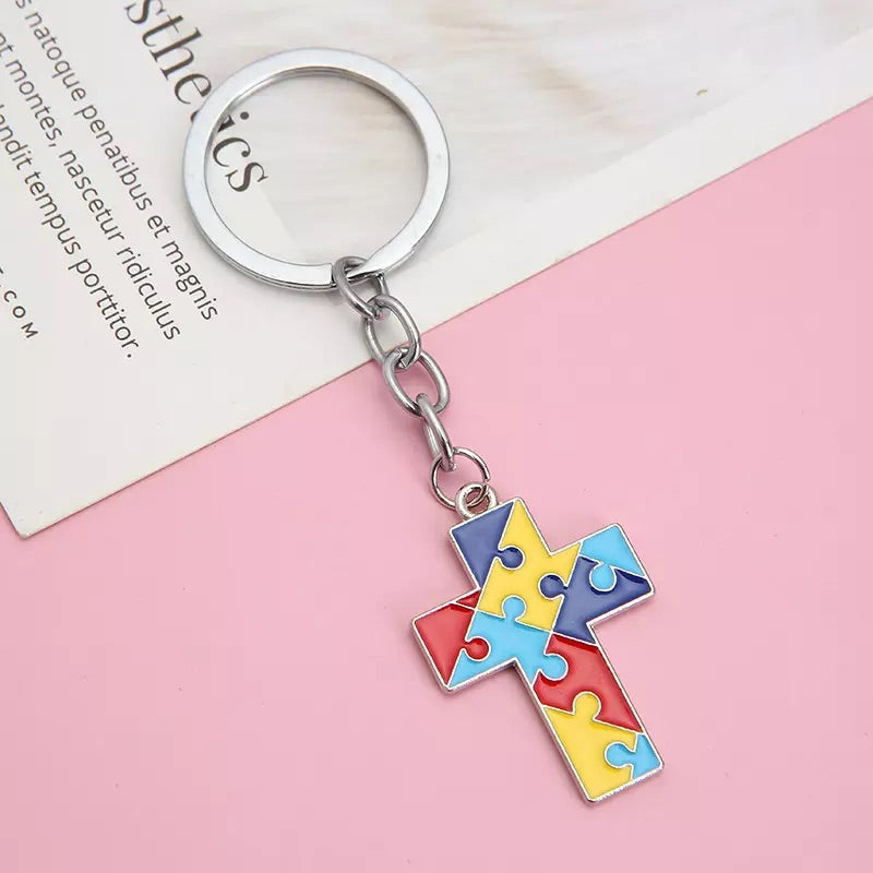 Autism Awareness Puzzle Pieces Cross Keychain FREE USA SHIPPING SHIPS FROM USA KC-041B