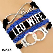 Load image into Gallery viewer, LEO Wife Bracelet Love Infinity Handcuffs Thin Blue Line Officers Wife Back the Blue - www.ChallengeCoinCreations.com