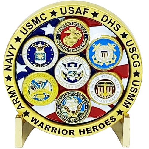 Military Warrior Heroes Challenge Coin Navy Air Force Marine Corps. Army Coast Guard Homeland Merchant Marines Veteran DL3-08 - www.ChallengeCoinCreations.com