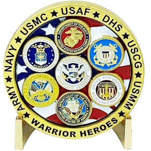 Military Warrior Heroes Challenge Coin Navy Air Force Marine Corps. Army Coast Guard Homeland Merchant Marines Veteran DL3-08 - www.ChallengeCoinCreations.com