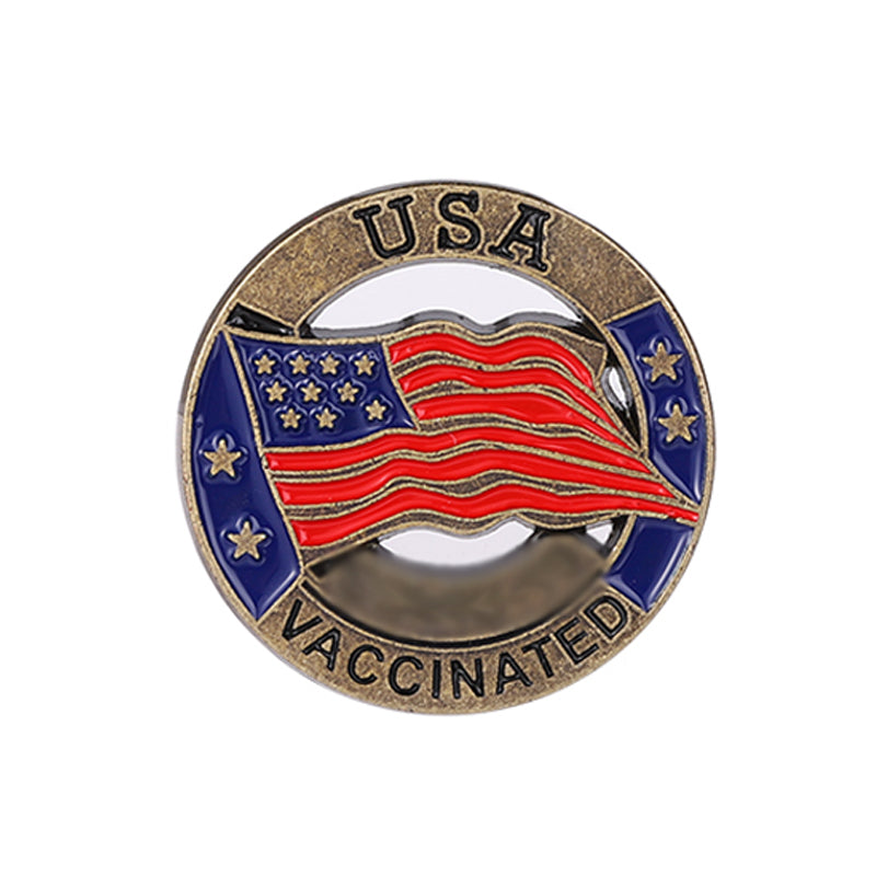 USA FLAG VACCINATED  Antique Gold Color Enamel Pin Pandemic Operation Warp Speed Police First Responder Nurse Doctor EMT Fire Fighter Military P-116 - www.ChallengeCoinCreations.com