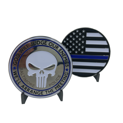 SK-003 Baltimore Police Thin Blue Line Skull God Will Judge Challenge Coin Police Law Enforcement PD - www.ChallengeCoinCreations.com