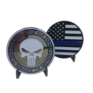 SK-003 Baltimore Police Thin Blue Line Skull God Will Judge Challenge Coin Police Law Enforcement PD - www.ChallengeCoinCreations.com