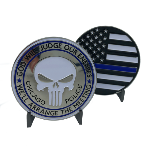 SK-002 Chicago Police Thin Blue Line Skull God Will Judge Challenge Coin Police Law Enforcement PD - www.ChallengeCoinCreations.com