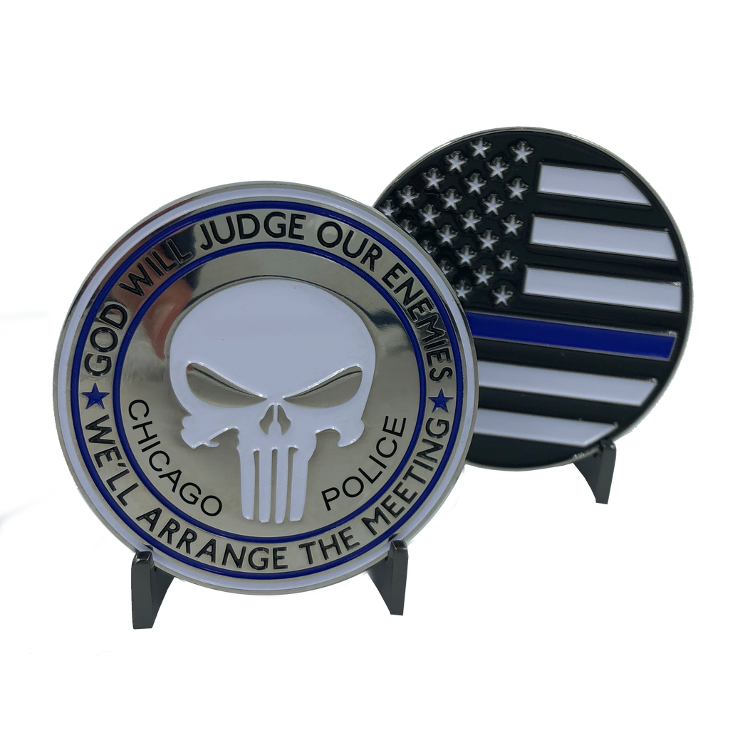 SK-002 Chicago Police Thin Blue Line Skull God Will Judge Challenge Coin Police Law Enforcement PD - www.ChallengeCoinCreations.com