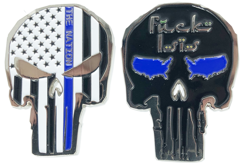 SK-015 Police Thin Blue Line Skull Challenge Coin - www.ChallengeCoinCreations.com