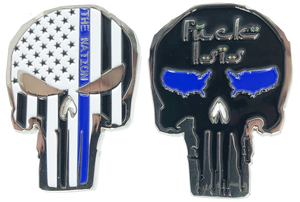 SK-015 Police Thin Blue Line Skull Challenge Coin - www.ChallengeCoinCreations.com