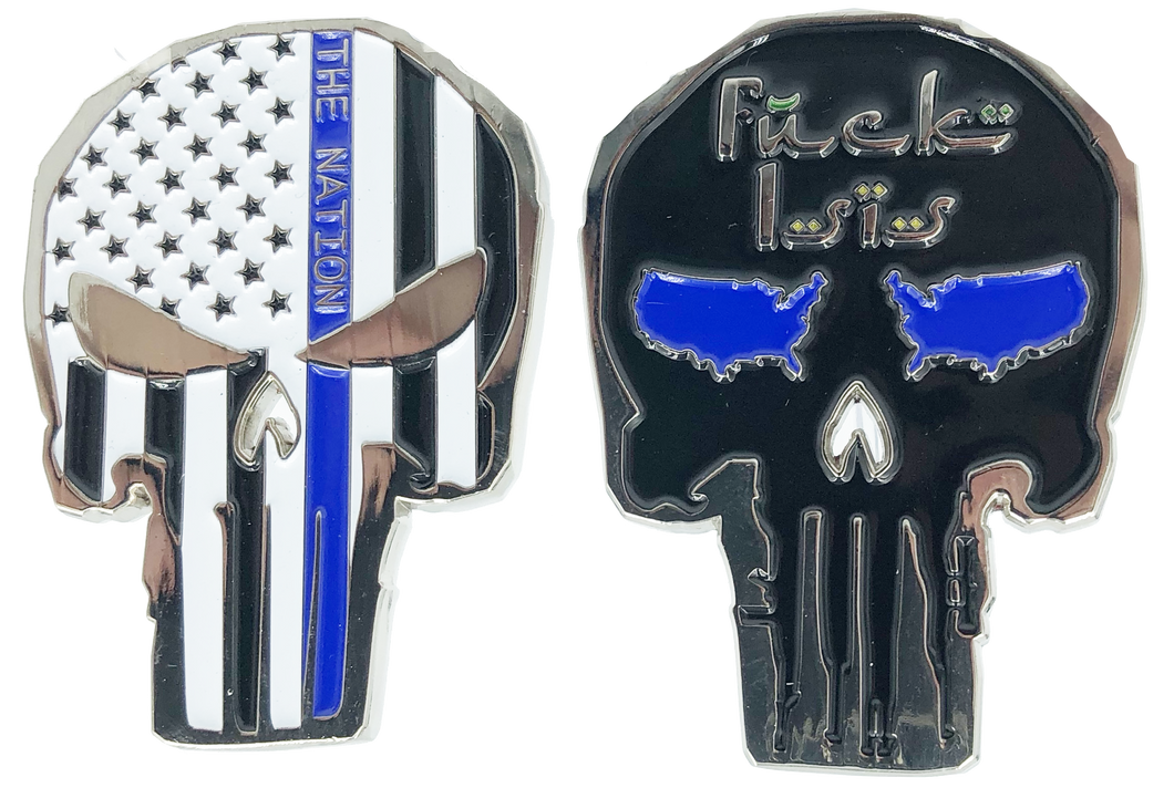 SK-015 Police Thin Blue Line Skull Challenge Coin - www.ChallengeCoinCreations.com