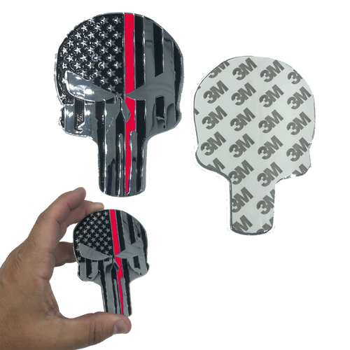 SK-026 Thin Red Line American Flag Skull 4 inch chrome Car Vehicle Emblem with genuine 3M Firefighter - www.ChallengeCoinCreations.com