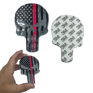 SK-026 Thin Red Line American Flag Skull 4 inch chrome Car Vehicle Emblem with genuine 3M Firefighter - www.ChallengeCoinCreations.com