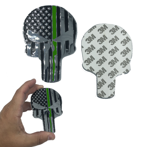 SK-027 Thin Green Line American Flag Skull 4 inch chrome Car Vehicle Emblem with genuine 3M Border Patrol Sheriff - www.ChallengeCoinCreations.com