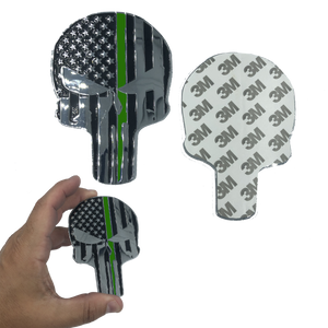 SK-027 Thin Green Line American Flag Skull 4 inch chrome Car Vehicle Emblem with genuine 3M Border Patrol Sheriff - www.ChallengeCoinCreations.com