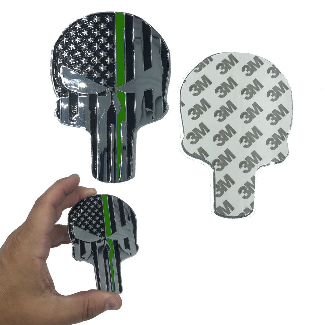 SK-027 Thin Green Line American Flag Skull 4 inch chrome Car Vehicle Emblem with genuine 3M Border Patrol Sheriff - www.ChallengeCoinCreations.com