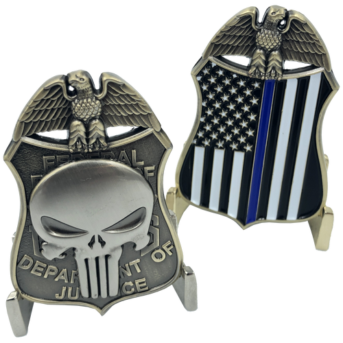 SK-016 Thin Blue Line Skull Badge Challenge Coin Department of Justice - www.ChallengeCoinCreations.com