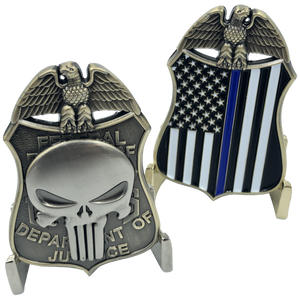 SK-016 Thin Blue Line Skull Badge Challenge Coin Department of Justice - www.ChallengeCoinCreations.com