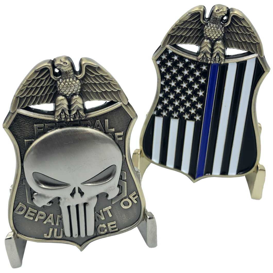 SK-016 Thin Blue Line Skull Badge Challenge Coin Department of Justice - www.ChallengeCoinCreations.com