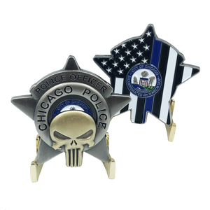 SK-021 Chicago Police Skull Badge Thin Blue Line Challenge Coin - www.ChallengeCoinCreations.com