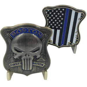 SK-017 Boston PD Police Skull Badge Thin Blue Line Challenge Coin - www.ChallengeCoinCreations.com