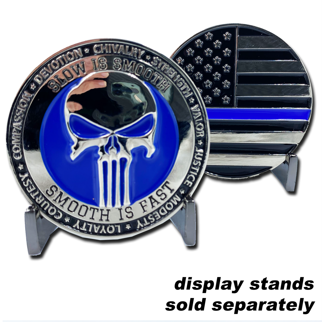 SK-024 Thin blue Line Police Skull Challenge Coin - www.ChallengeCoinCreations.com