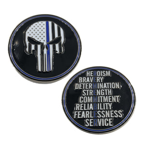SK-014 Police thin blue line REMEMBER Skull challenge coin CBP Sheriff - www.ChallengeCoinCreations.com